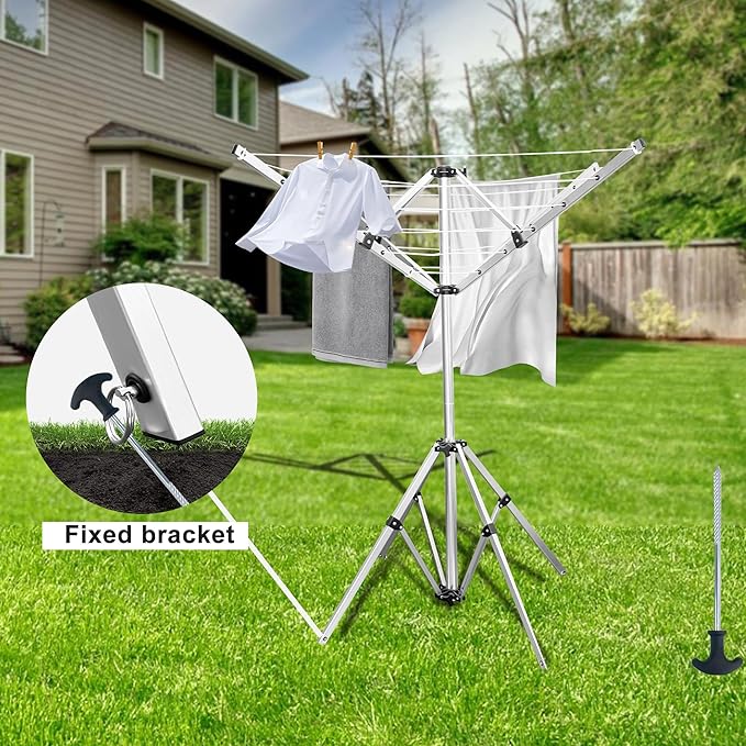 Outdoor Drying Rack with 4-arm Telescopic Aluminum Drying Rack Fixed with Ground Nails, 28 Drying Ropes, 65 Feet Large Capacity Windproof Rotating Umbrella Style Clothes Drying Rack