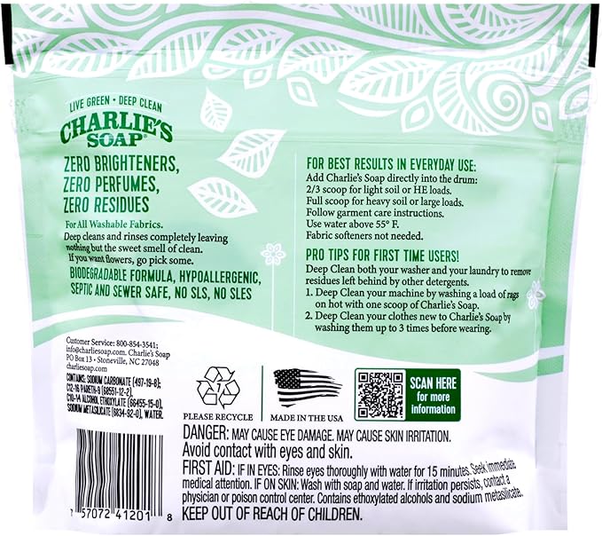 Charlie’s Soap Laundry Powder (50 Loads, 1 Pack) Hypoallergenic Deep Cleaning Washing Powder Detergent – Eco-Friendly, Safe, and Effective