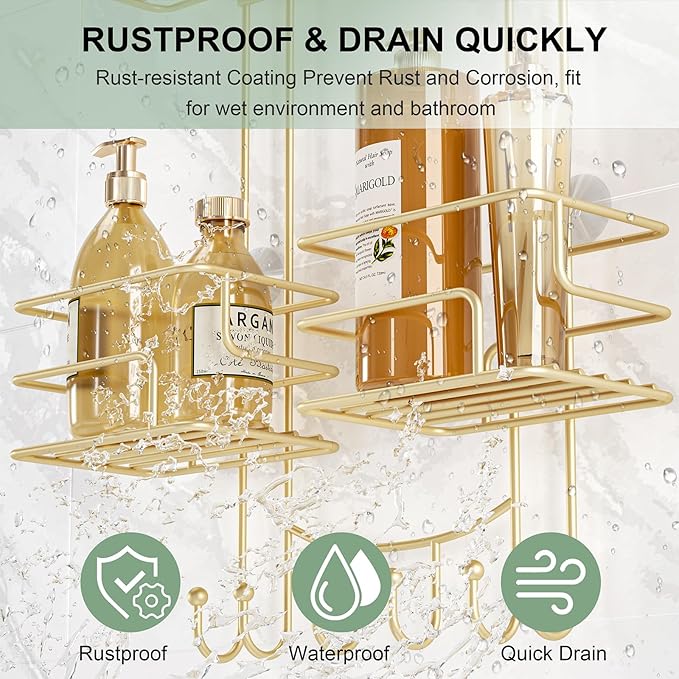 SRIWATANA Shower Caddy Hanging, Bathroom Organizer, No Drilling Shelves Over Shower Head, Bath Rack Holder with Hooks for Razors and Sponge - Gold