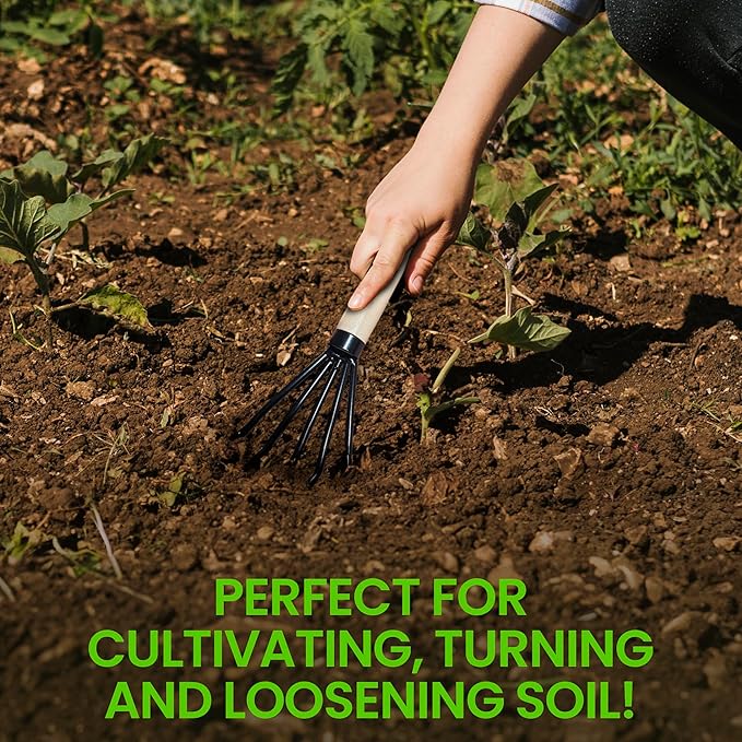 Garden Guru Hand Rake Cultivator Claw Soil Tiller - Military Grade Steel - Rust Resistant - 5 Tine Japanese Ninja Claw - Comfortable Wood Handle - Perfect Pulverized and Aerated Soil