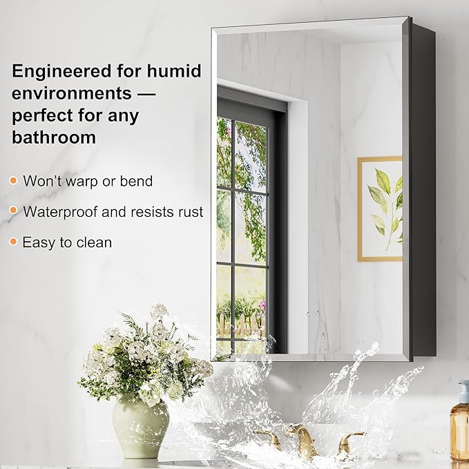 16x24 Inch Medicine Cabinet with Mirror, Aluminum Bathroom Mirror Cabinet, Beveled Edge Mirrored Single Door, Adjustable Shelves, Surface or Recessed Mount Mirrors with Storage, Black