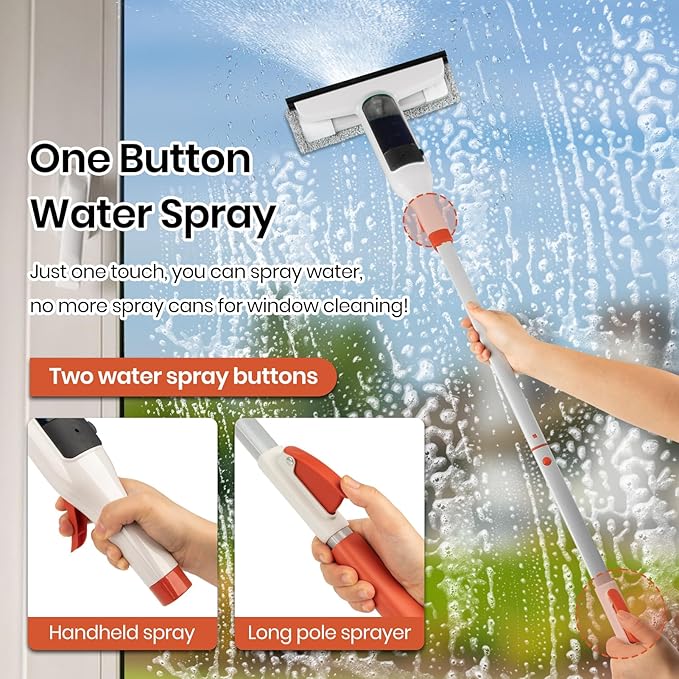 Spray Mop Window Cleaning Kit with Silicone Squeegee – Adjustable Aluminum Pole & Non-Slip Handle for Floors/Walls/Door/Windows/Cars/Bathroom, Detachable Tank & Washable Pads