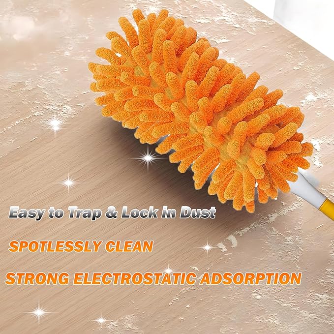 Duster Refill for Swiffer Duster, Reusable Duster Refill Compatible with Swiffer Hand Duster, 360° Heavy Duty Washable Microfiber Dusters for Cleaning, 6 Pack & 1 Handle, Orange