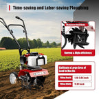 Mini Tiller Cultivator, Powerful 52cc Two-Stroke Single-Cylinder Gasoline Engine, Gear Drive Transmission, Height Adjustable Wheels, for Gardening RED