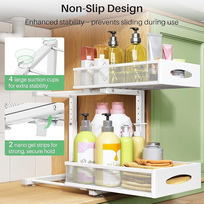 Under Sink Organizer, 2 Tier Pull out Cabinet Organizer Baskets with Mesh Sliding Drawers, Slide out Storage Shelf for Home, Kitchen, Bathroom, Pantry, Office Cabinet(1 Pack, White)