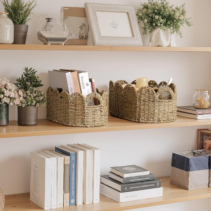 StorageWorks Scalloped Wicker Basket, Hand-woven Rattan Baskets with Built-in Handles, Cute Baby Basket for Nursery, Seagrass Baskets for Organizing and Decor, 2 Pack