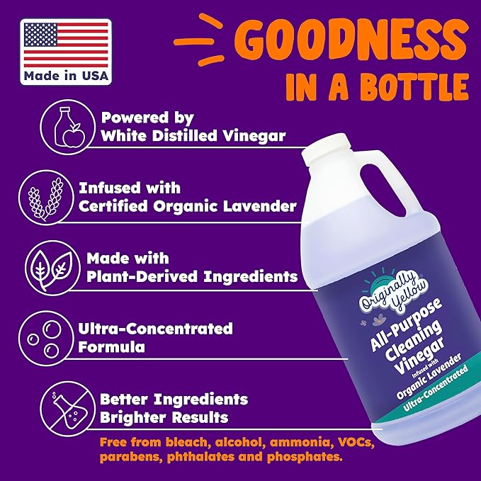 Originally Yellow Lavender Vinegar For Cleaning Purpose | USA Made All Purpose Cleaner | Use as a Floor, Glass, Kitchen, & Bathroom Cleaner | Plant Derived Vinegar 1 Gallon in 2 bottles | 128 Oz