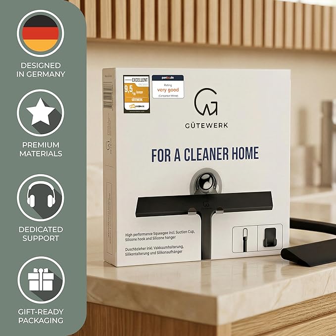 GÜTEWERK Silicone Shower Squeegee for Glass Doors & Mirrors with Stainless Steel Core, Streak-Free & No-Squeak Window Cleaning, 3-in-1 No-Drill Mount (Hook/Suction/Adhesive),Black, 13 Inches