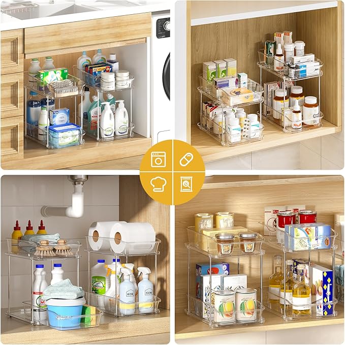 Delamu 4 Pack Bathroom Organizers and Storage, 2 Tier Clear Under Sink Organizer, Pull Out Medicine Cabinet Organizer