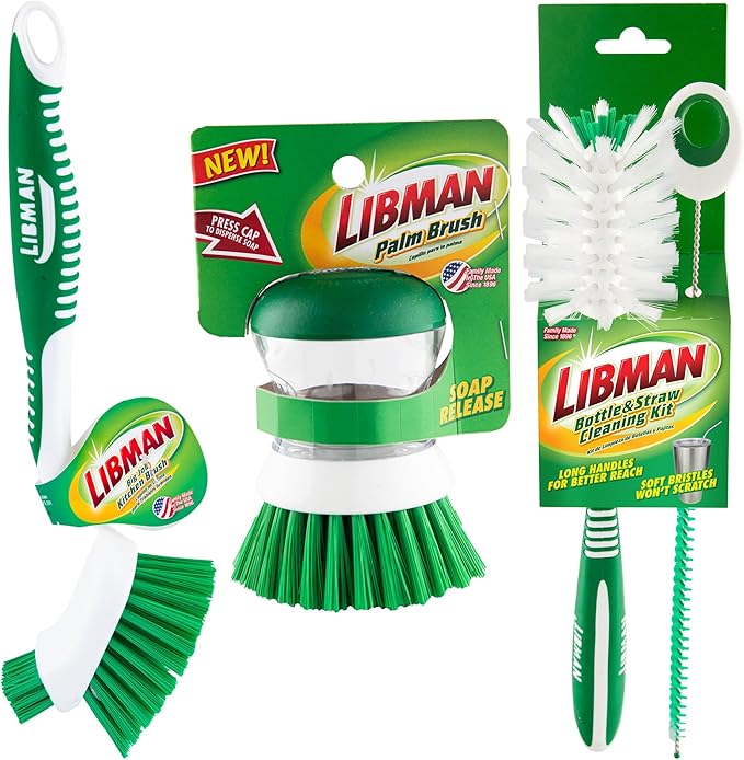 Libman Bottle & Dish Brush Kit | Cleaning Brushes for Kitchen Use | Straw Brush | Scrub Brushes for Dishes | Big Job Kitchen Brush | Palm Scrub Brush | 3 Different Brushes & Straw Cleaner Included