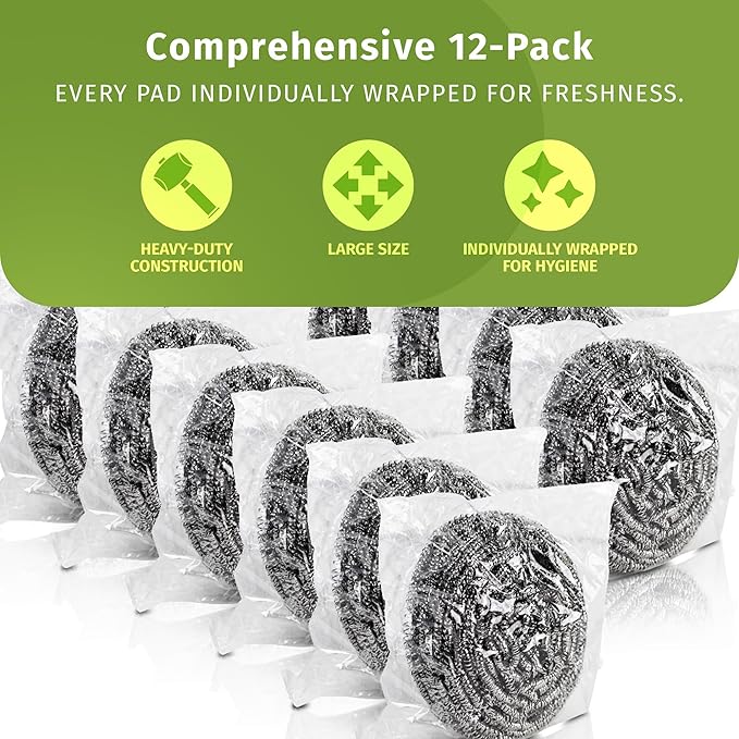 Brheez Stainless Steel Cleaner Scouring Pads [12 Pack] - Industrial & Commercial Strength Large Cleaning Supplies Dish Sponge - Individually Wrapped 80 Gram