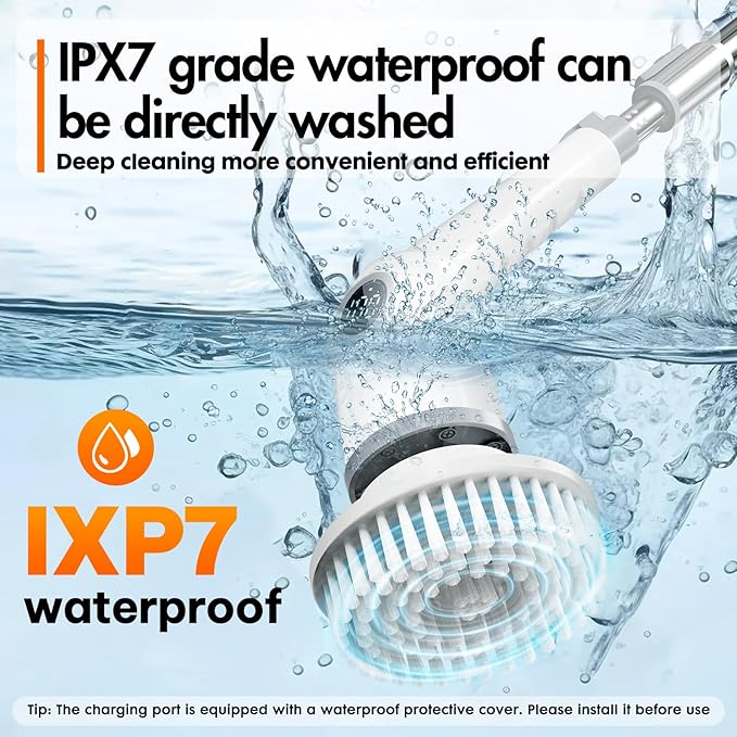 Electric Spin Scrubber,Cordless Cleaning Brush,Bathroom Shower Scrubber with Long Handle Adjustable,3 Speeds,IPX7 Waterproof,Digital Display,8 Replaceable Brush Heads for Tile Bathtub Car Kitchen Wall