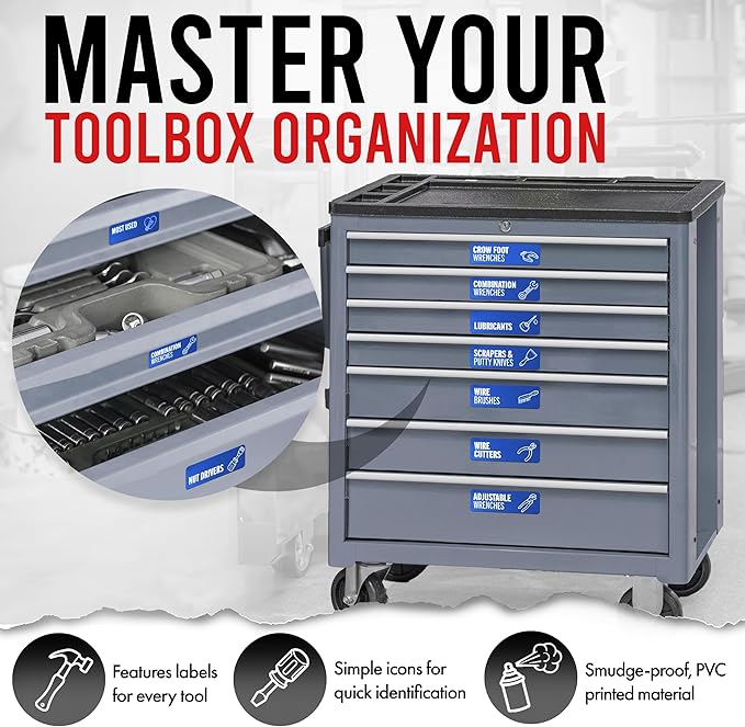 Toolbox Organization Magnetic Labels-80 Large Tool Chest Organizer Labels-Strong Magnets-Fits All Brands of Steel Tool Box Drawers (Blue 3.125x1.0 in)