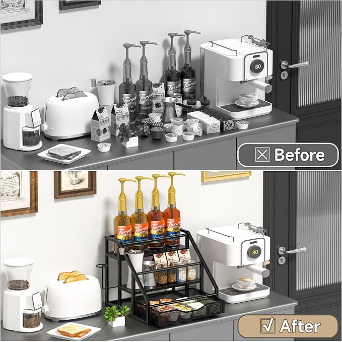 Coffee Syrup Rack Organizer, Spice Racks, Syrup Bottle Holder Stand for Coffee Bar, 3-Tier 12 Bottles Storage Shelves for Syrup, Wine, Dressing for Kitchen Countertop, Black