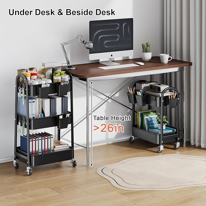 2 Tier Utility Rolling Cart, Storage Organizer Sofa Side Table with Wheels, Under Desk Mobile Trolley Organizer with Handle for Office Home Kitchen Organization, Black