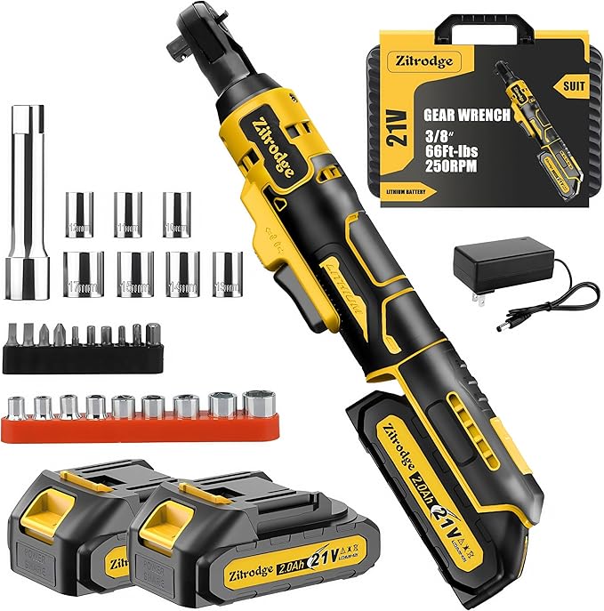 3/8" Cordless Electric Ratchet Wrench Set With Multi Drill Bits, 66FT-LBS 250 PRM Power Ratchet Wrench, 21V Ratchet Tool Kit, Variable Speed, 7 Sockets, LED Light, 1/4" and 1/2" Adapter, 2 Batteries