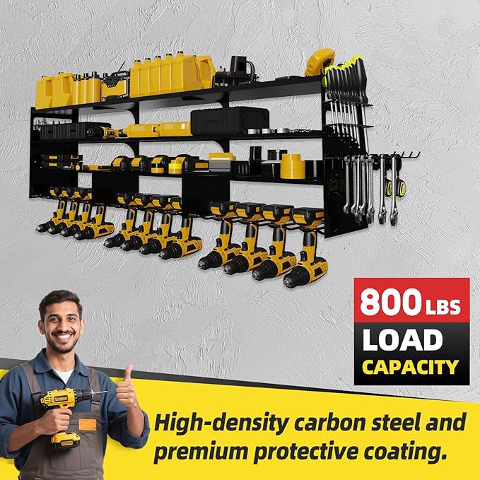 Power Tool Organizer Wall Mount with 12-Drill Holders-800Lbs Load Heavy Duty Metal 4-Layers Garage Storage and Organization Adjustable Battery Tools Rack with Side Panels Utility Racks Gifts for Men