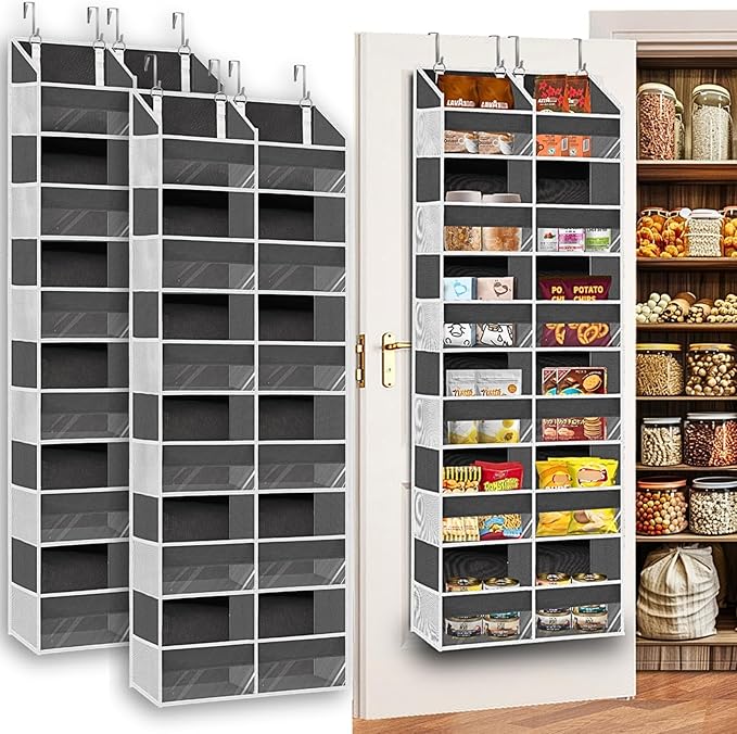 2 Pack Over The Door Organizer 6 Tiers, Extra Large Behind Door Storage of 12 Compartments, 80 lbs Weight Capacity Hanging Storage Organizer with Clear Window Kids Toys,Shoes (6 Tiers - Grey)