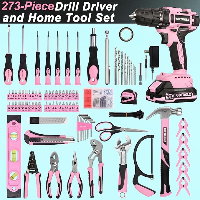 Power Drill Cordless, 273-Piece Power Drill Sets Household Tool Kit, 20V Electric Drill Sets Repairing Kit, Electric Screwdriver Driver Tool Kit with Charger and Storage Bag(Pink)