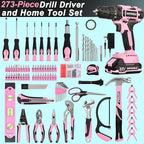 Power Drill Cordless, 273-Piece Power Drill Sets Household Tool Kit, 20V Electric Drill Sets Repairing Kit, Electric Screwdriver Driver Tool Kit with Charger and Storage Bag(Pink)