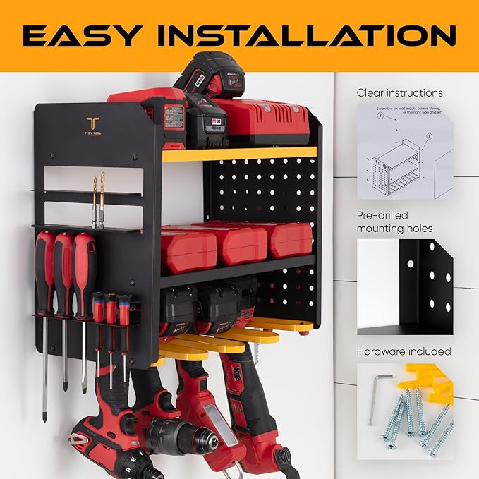 Power Tool Organizer - Wall Mount Storage for Garage Organizes 4 Cordless Drills & Tools - Easy Assembly Heavy Duty Rack has Pegboard Sides Shelves & Hooks - Neatly Holds Screwdrivers & Drill Bits