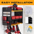 Power Tool Organizer - Wall Mount Storage for Garage Organizes 4 Cordless Drills & Tools - Easy Assembly Heavy Duty Rack has Pegboard Sides Shelves & Hooks - Neatly Holds Screwdrivers & Drill Bits