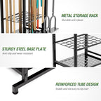 Garden Tool Organizer Rack Up to 50 Tools, Heavy-Duty Steel Yard Tool Organizer for Garage Storage with 11 Hooks, Broom Holder & Garden Tool Rack for Shed, Patio, Outdoor Use, Black