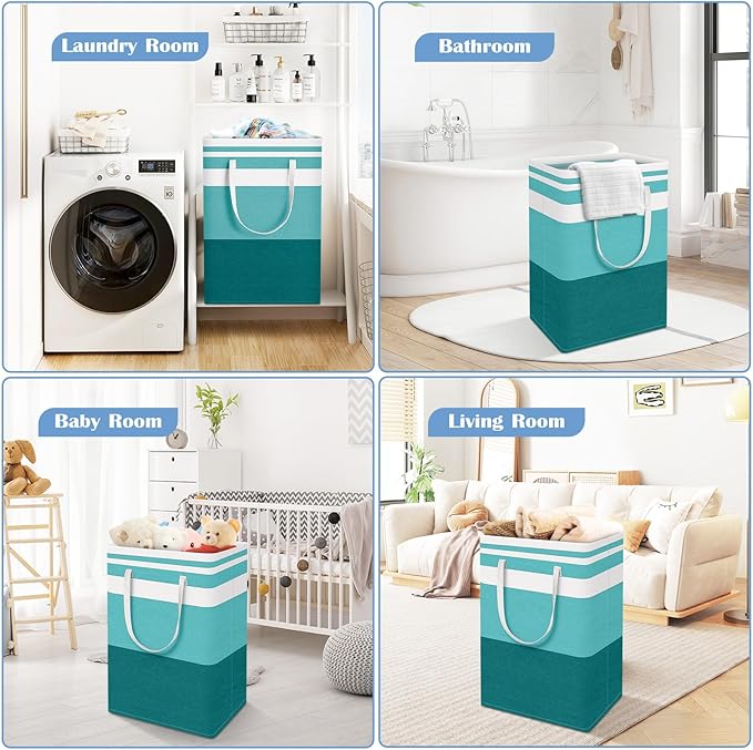 BlissTotes 3-Pack Laundry Basket, Freestanding＆Waterproof Laundry Hamper, Collapsible Tall Clothes Hamper with Easy Carry Handles for Clothes, Towels in the Family and Dorm,Gradient Green,75L