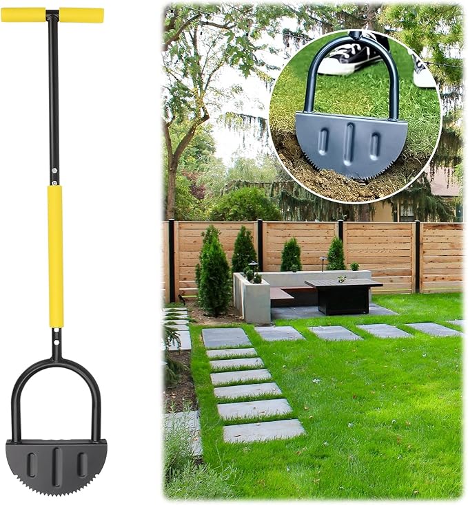Manual Edger Lawn Tool 37-inch, Half Moon Edger Chopper Lawn Tool with V-Shape Serrated Blade,Solid Steel Lawn Edger Tool with Soft T-Grip and Wide Footplate for Sidewalk,Grass,Yard,Landscape