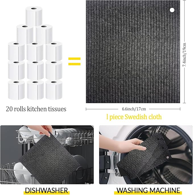 6 - Pack Swedish Kitchen Dish Cloths - Reusable Paper Towels for Counters & Dishes - Eco Friendly Cellulose Sponge Cloth - Assorted (Black)