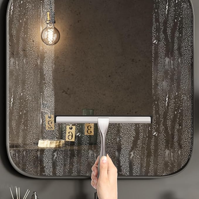 All-Purpose Stainless Steel Shower Squeegee for Glass Doors with Adhesive Hooks, Squeegee for Shower Glass, Bathroom Household Cleaner Tool for Window Mirror Tile Wall Car, 12 inch, Silver