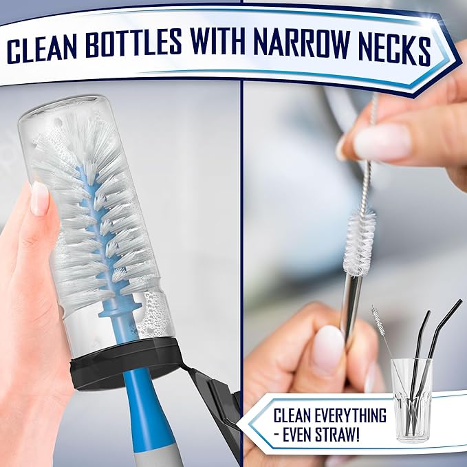 Dish Brush Set of 4 - Kitchen Scrub Brushes with Non-Slip Long Handle for Cleaning, Scrubber, Dishwashing, Dishes, Bottles, Straws, Cups, Pots & Sink, Blue