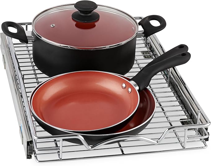 HOLDN’ STORAGE Pull Out Cabinet Organizer, Heavy Duty-w/Lifetime Limited Warranty -11”W x 18”D-Requires At Least 12-1/4” Cabinet Opening, Steel Metal Cabinet Drawers Slide Out, Chrome Finish