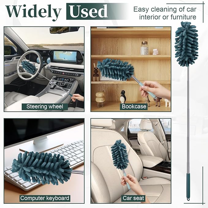 2 PCS Car Interior Duster with Extension Pole, Microfiber Car Dusters with Bendable Head, Cars Duster Exterior&Interior Scratch Free, for Cleaning of Vehicle Details, Offices, Window(Nude Blue)