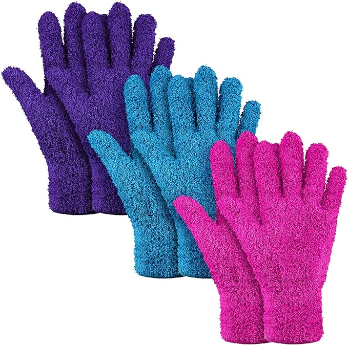 Patelai 3 Pairs Microfiber Plant Dusting Gloves Leaf Cleaning Gloves for Indoor Plants, Blinds, Furniture, House (Purple,Blue,Rose Red,Large)