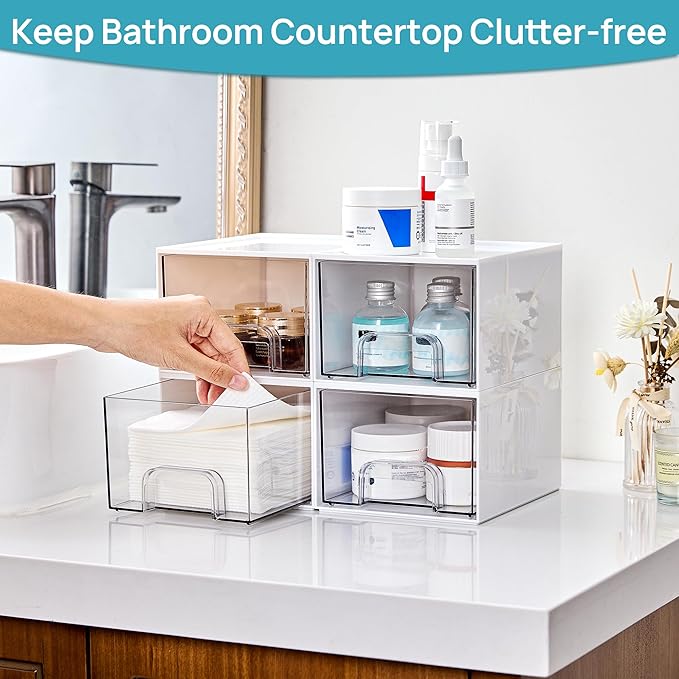 Vtopmart 4Pack Stackable Storage Drawer, 4.4'' Tall Bathroom Makeup Organizer,Plastic Storage Bins For Vanity, Undersink, Kitchen Cabinets, Pantry, Home Organization(White)