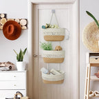danpinera Over the Door Hanging Baskets for Organizing, 3-Tier Hanging Wall Basket for Storage, Woven Cotton Rope Baskets Storage Decorative for Nursery, Bedroom, Living Room, Kitchen, White & Jute