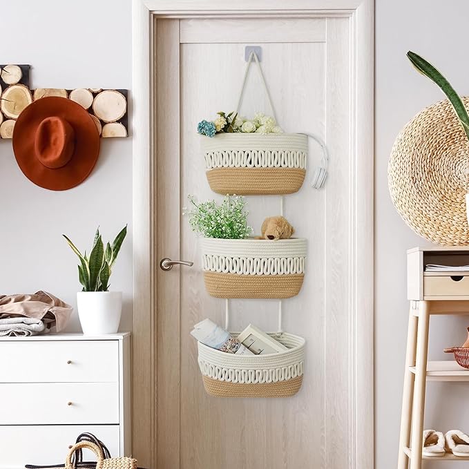 danpinera Over the Door Hanging Baskets for Organizing, 3-Tier Hanging Wall Basket for Storage, Woven Cotton Rope Baskets Storage Decorative for Nursery, Bedroom, Living Room, Kitchen, White & Jute