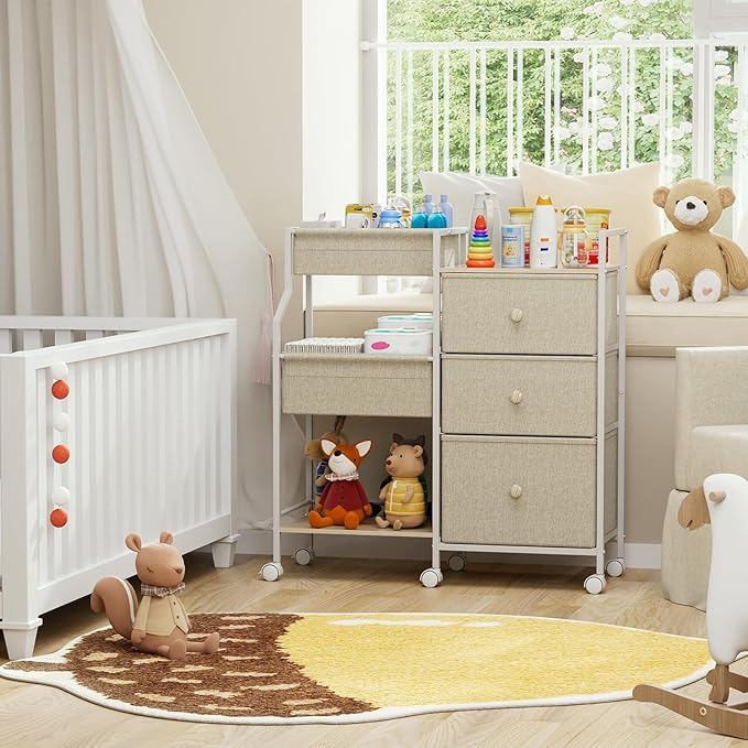 Baby Organizer and Storage - 3 Tier Rolling Cart with Dividers and Drawers, Easy To Assemble, Mobile Utility Cart with Wheels for Nursery, Bedroom, Changing Table & Crib,Off White