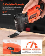 VEVOR Cordless Oscillating Tool, 20V Oscillating Multi Tool Kit with 6 Variable Speeds 8500-17000 OPM, 3.2° Oscillation Angle, 2.0Ah Battery Pack & Charger, 12PCS Saw Accessories & LED Work Light