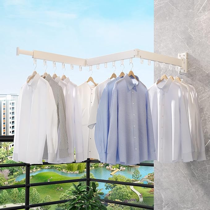 Clothes Drying Rack Wall Mounted,Drying Rack Clothing,Clothes Hanging Rack,Retractable,Collapsible(Tri-Fold), White Color(Ring)