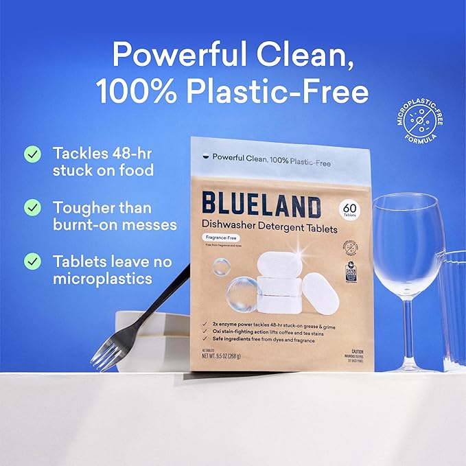 BLUELAND 100% Plastic-Free Dishwasher Detergent Tablets, 60 Count, Free & Clear, Eco-Friendly Dishwashing Pods, Natural, Sustainable