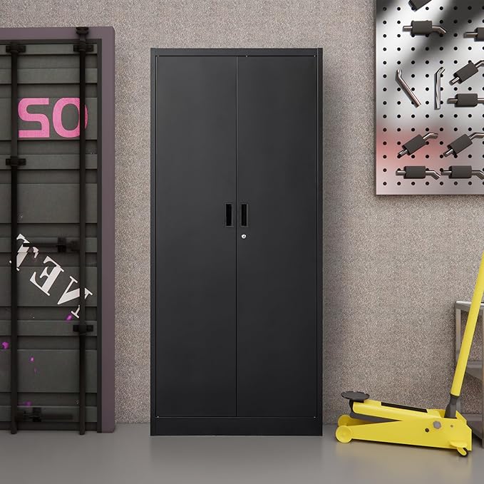 Metal Garage Storage Cabinets,71” Tall Metal File Cabinet with 5 Adjustable Shelves, Lockable Storage Cabinets for Office, Home, Garage, Warehouse 71" H x 31.5" W x 15.8" D (Black)