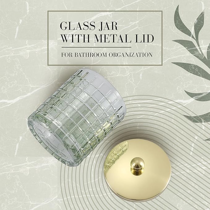 Sage Colored Tranlucent Apothecary Etched Geometric Grid Glass Jar W/Gold Metal Lid Cover for Bathroom Organization, Cotton Balls, Q Tips, and Small Accessories, Bathroom Storage