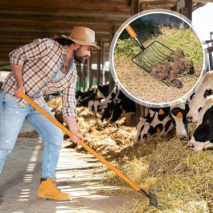 4 Sets Pitch Fork 10 Tines Wide Manure Fork with Long Handle Heavy Duty Muck Rake Broadfork Garden Tool for Gardening Horse Stall Picking up Manure Farm