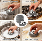 Steel Wool Scrubber, 4-Pack Stainless Steel Scrubber Pads with Handle - The Ultimate Scouring Solution for Rust, Stubborn Messes on Cookware, Grill, Oven & Kitchen Sinks