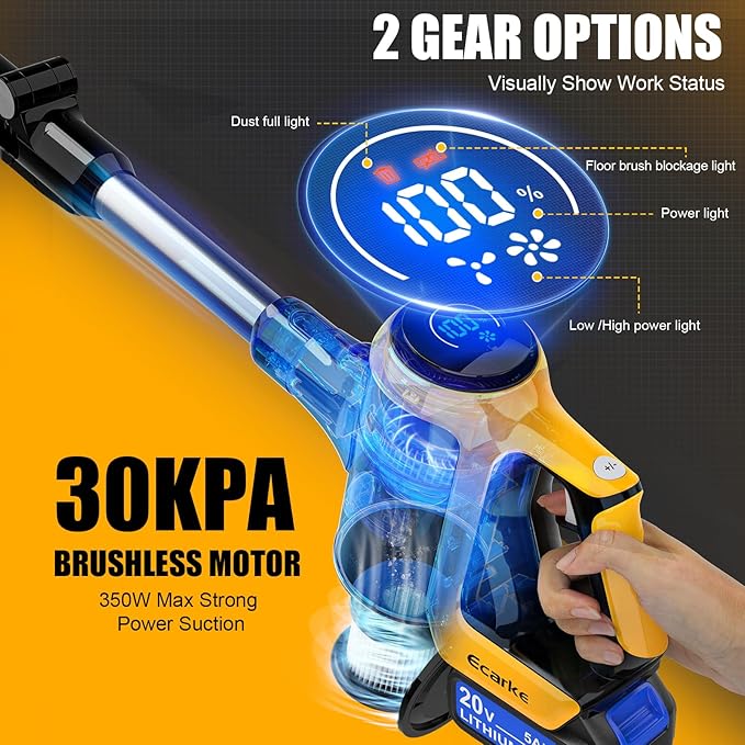 Ecarke Cordless Stick Vacuum Cleaner Compatible with DeWalt Battery, 350W Brushless Motor, 30KPa Suction, 6-in-1 180° Bendable Wand, Smart Screen 2x5AH Batteries & Charger – Hardwood Floors