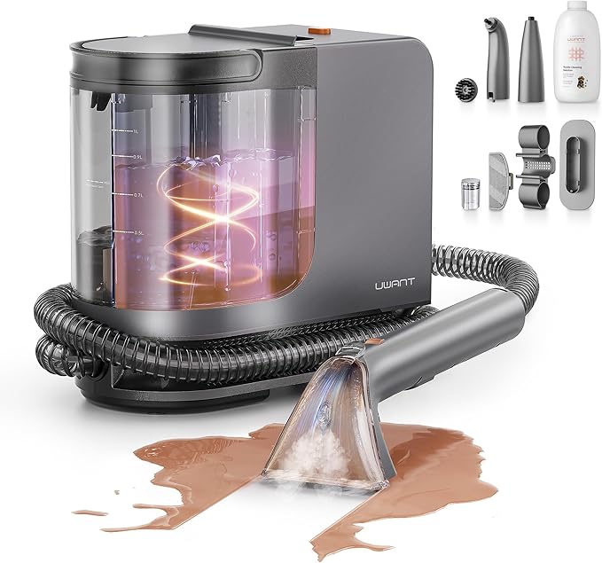 uwant Portable Carpet Cleaner with Steam& Hot Water System 18Kpa Powerful Suction Carpet Cleaner with 4 Cleaning Tools& Solution 2 in 1 Upholstery Cleaner Steam Cleaner for Pets, Car (Steam& Heating)