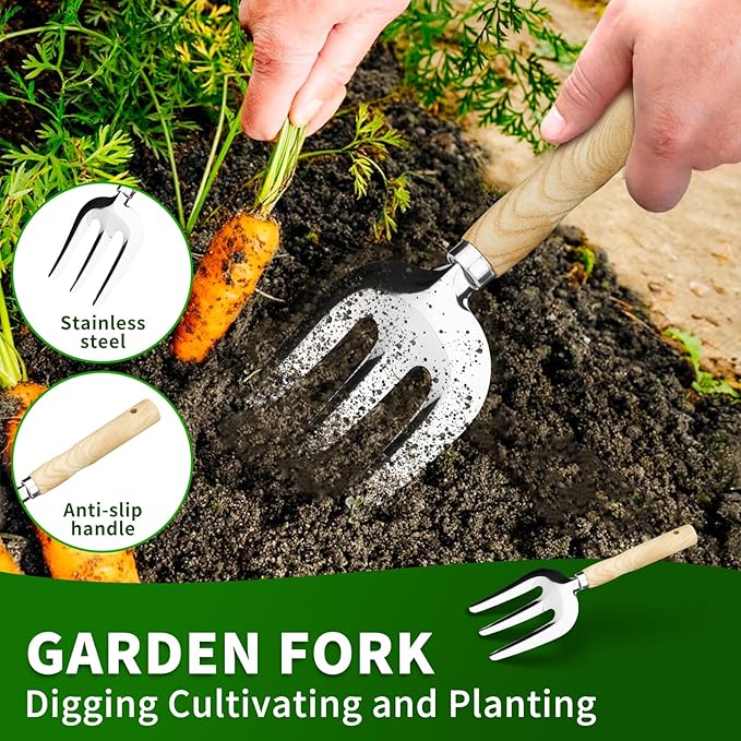 Garden Tool Set, 5 Pcs Gardening Tool Set with Weeder Puller, Dibber, Transplanter, Big Trowel, 5-Claw Cultivator - Wooden Handle Stainless Steel Gardening Hand Tools (ash Wood)