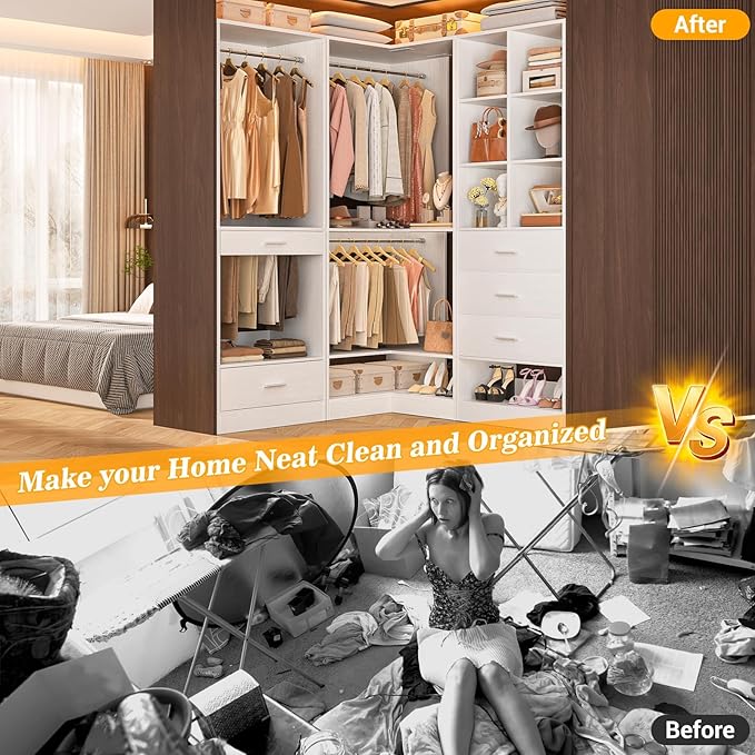 Homieasy Closet System Organizer with Drawers, Pants Rack, Cube Storage and Hanging Area – Wardrobe Organizer with Hanging Rods, Shoe Storage & Anti-Tip Kit – Expandable and Easy to Install, White